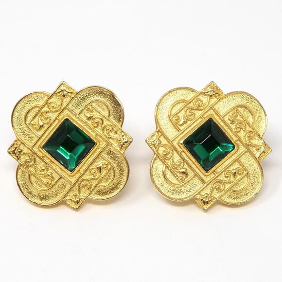 Vintage Rare Shape Signed Ben-Amun Gold Tone Green Rhinestone Clip On Earrings - Picture 7 of 11